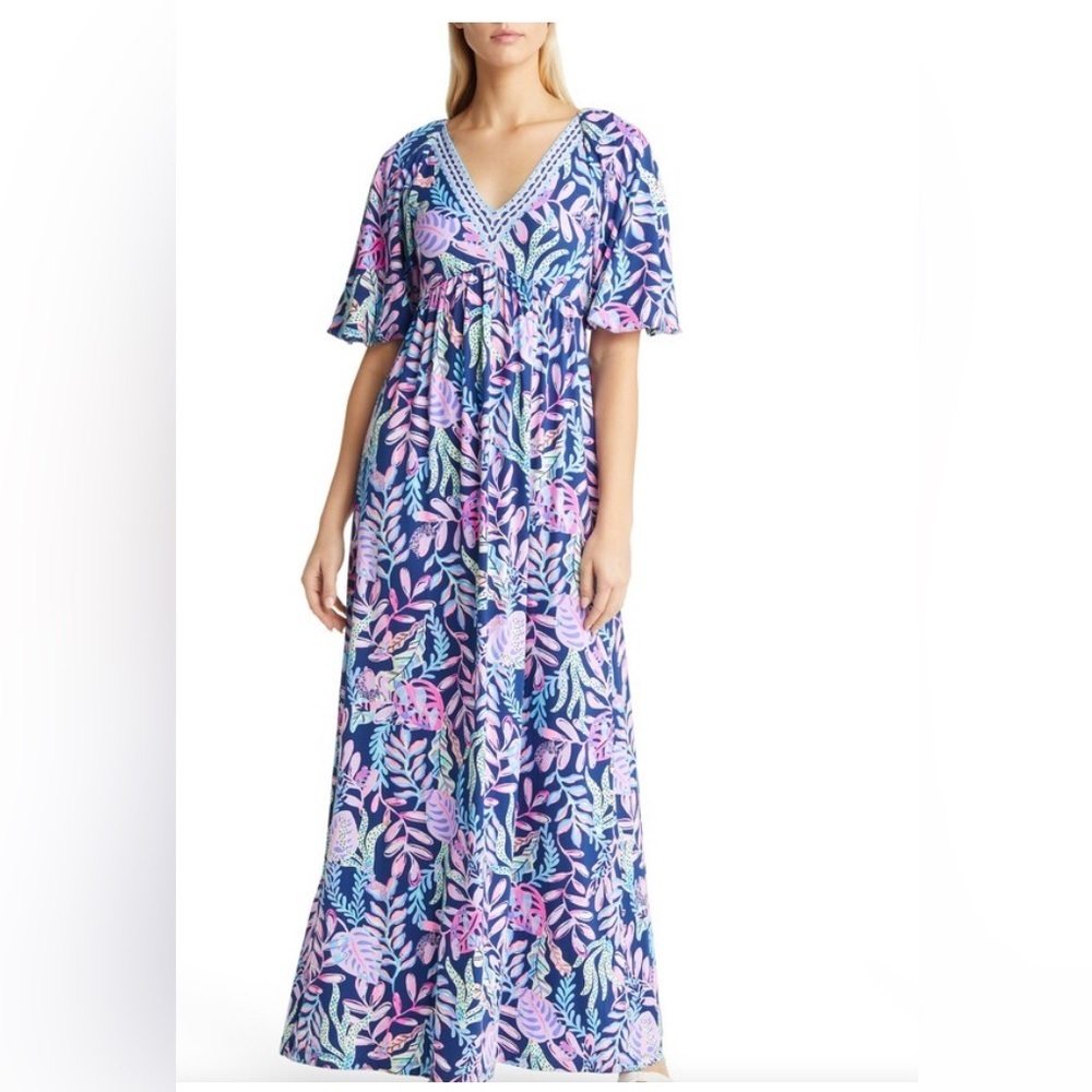 New! Lilly Pulitzer Maxi Manuela Oyster Bay Navy Blue and Purple Dress XS